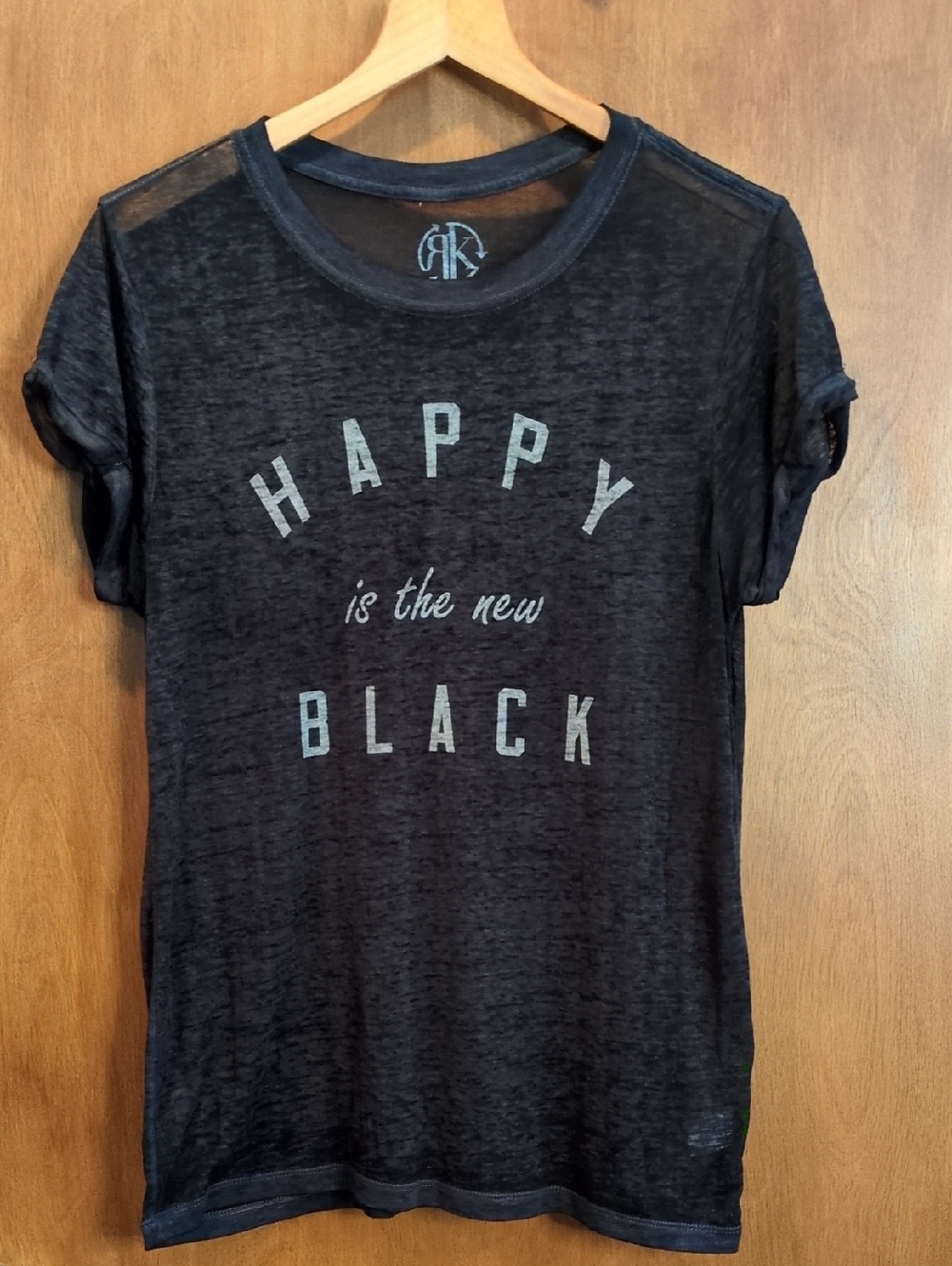 Recycled Karma Black Graphic Short Sleeve Tee - 'Happy is the New Black' Size M